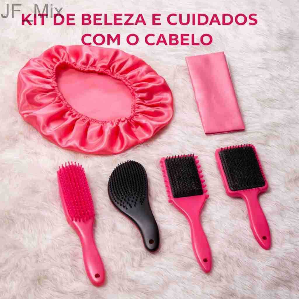 Kit Capilar 6 Peças - Touca de Cetim, Faixa, Escova Polvo, Escova Mágica, Escova Fitagem e Escova RaqueteH3U7
