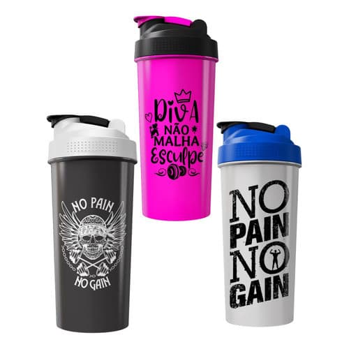 Kit 3 Coqueteleiras Shaker 600ml Academia Casal Fitness Agua Preto/rosa/incolor (translúcida) - Não É Branca Leitosa