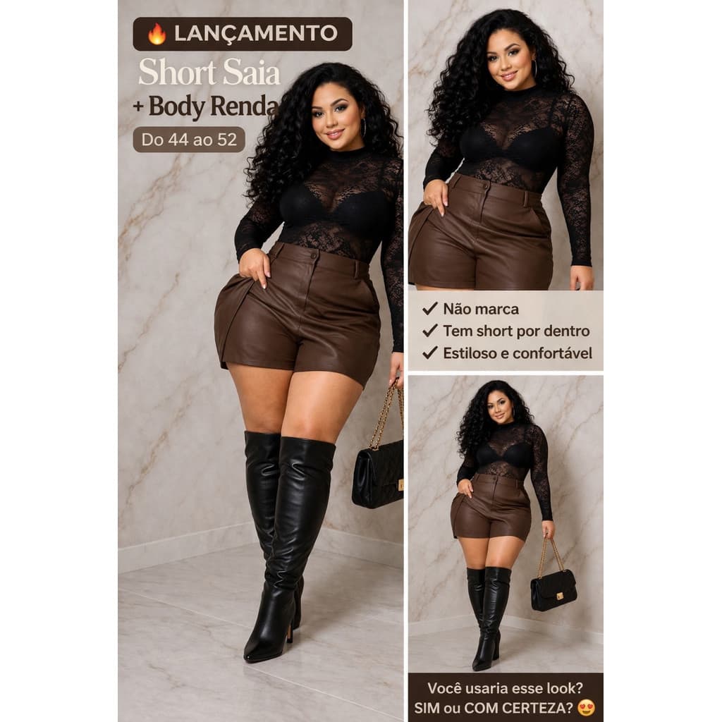 Conjunto Plus Size Body Renda E Shorts Saia Couro Feminino