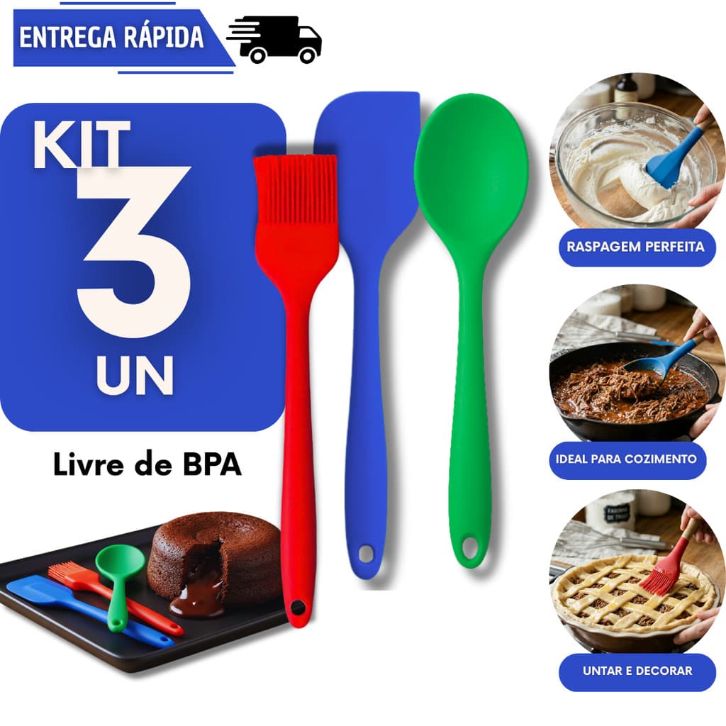 Jogo 3 Peças Silicone Espátula mais Colher mais Pincel Culinário Flexível Utensílios Cozinha Espátulas Colheres
