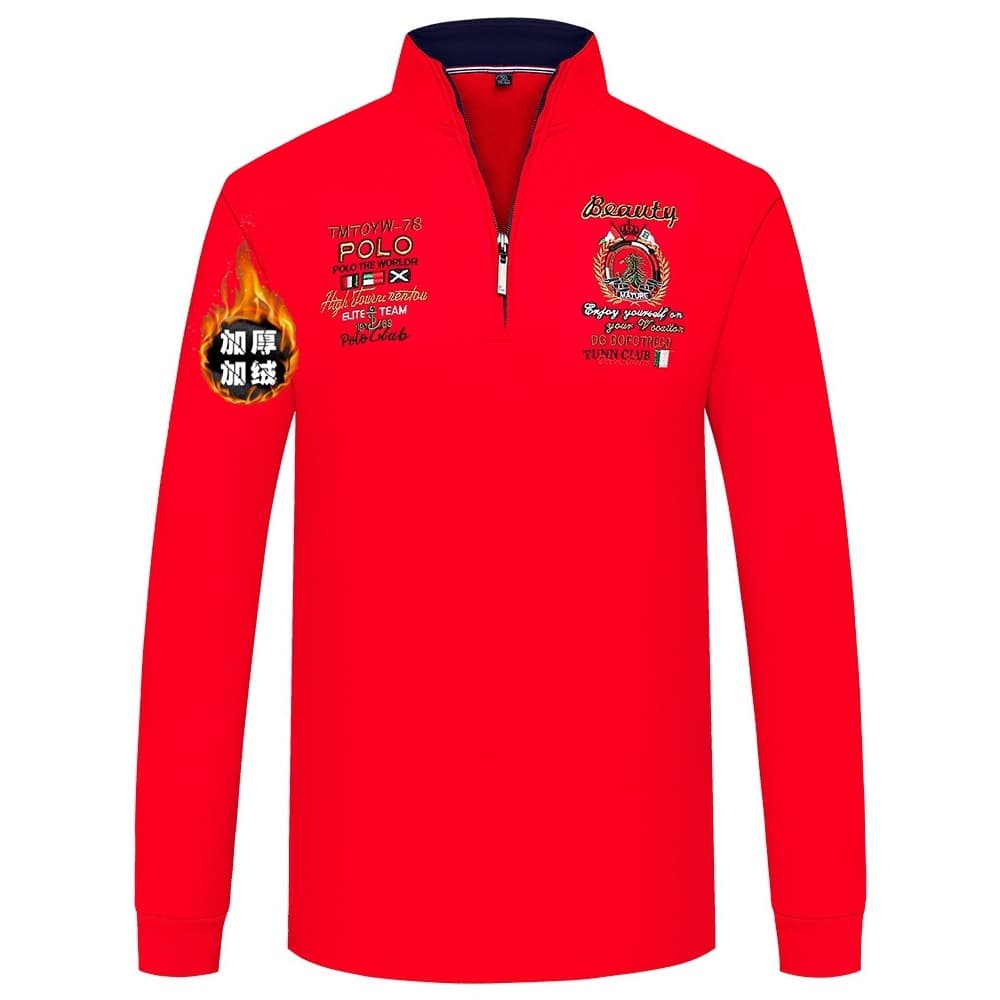 Outono inverno masculino de manga comprida camiseta gola alta zíper meia gola alta camisa POLO vermelho high-End bordado
