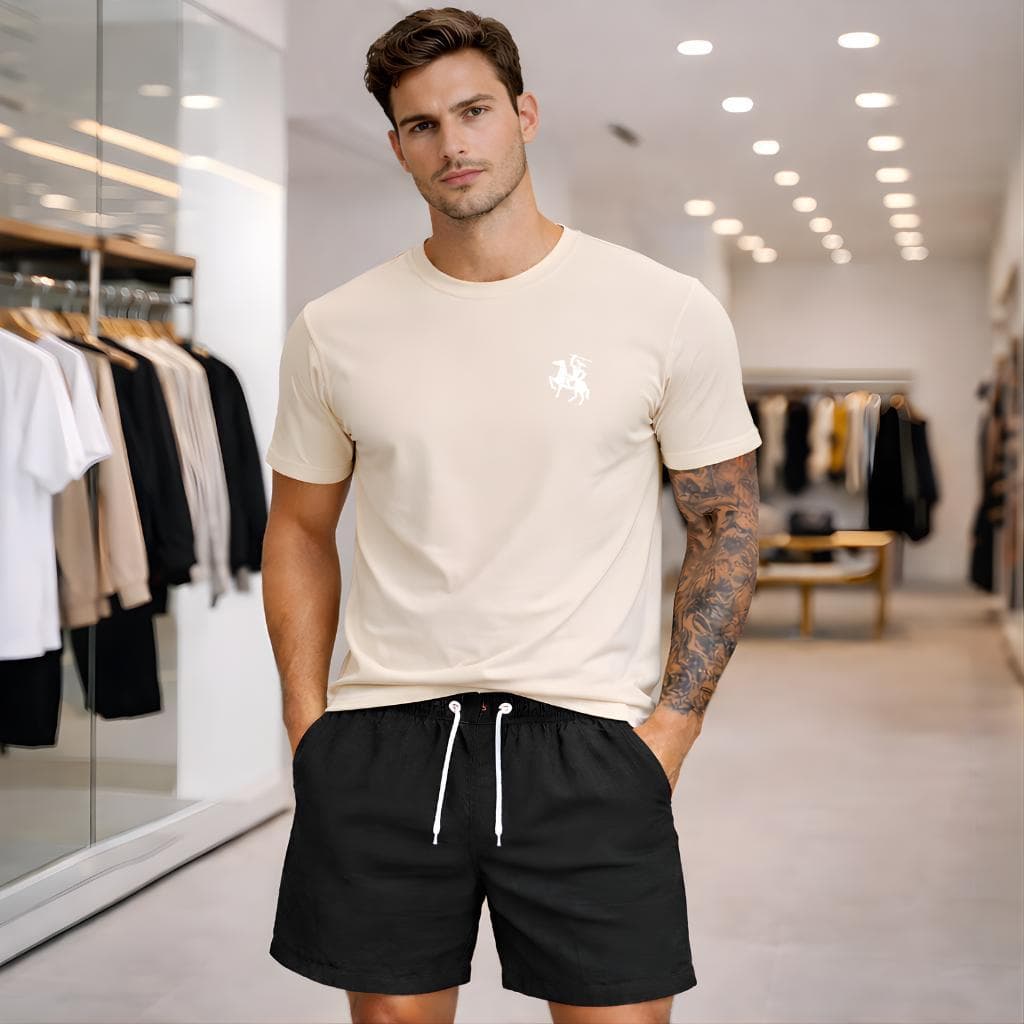 Conjunto Masculino Cavalo Guarnição Bco Bermuda LINHO Premium Preta + Camiseta Estampada Casual
