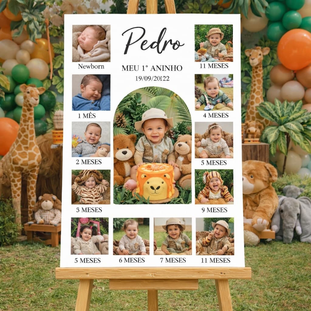 Placa  personalizada para  de aniversário de 1 ano, em MDF, com espaço para fotos e registro dos meses do bebê