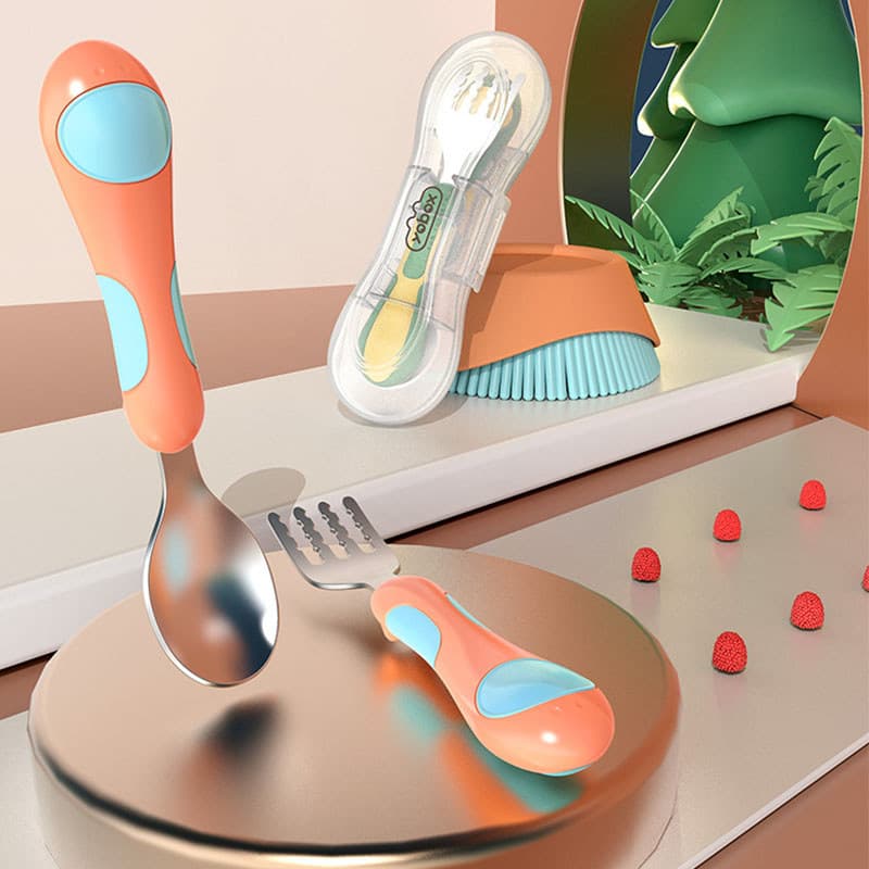 Bebê comer garfo colher conjunto complementar treinamento de alimentos dedicado portátil dos desenhos animados do bebê c