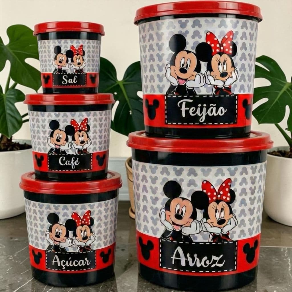 Kit Organização Cozinha 5 Potes Mantimentos Tema Mickey