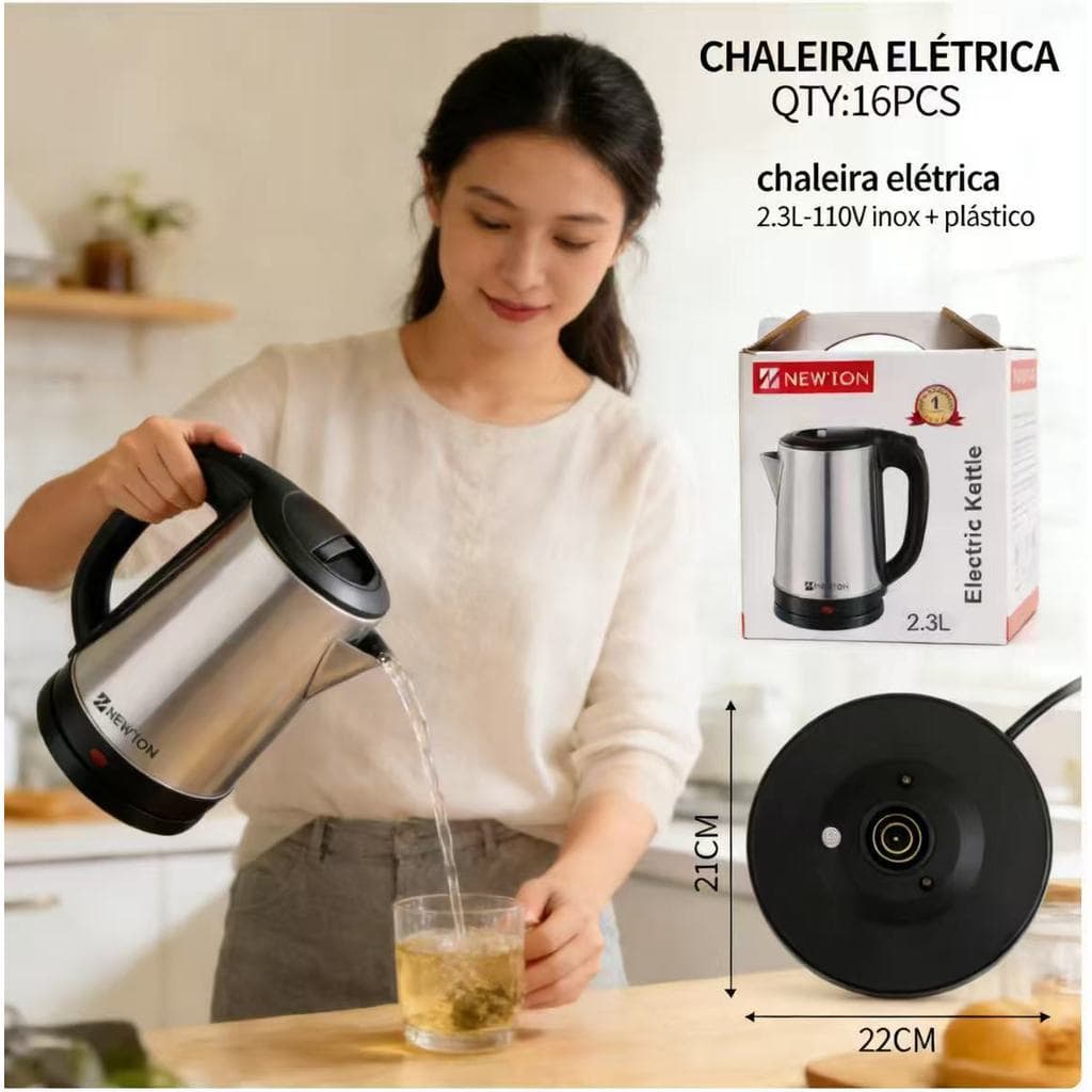 Oferta! Chaleira Elétrica NEW'ION 2.3L Aço Inoxidável 110V | Desligamento Automático Ideal para Casa e Escritório