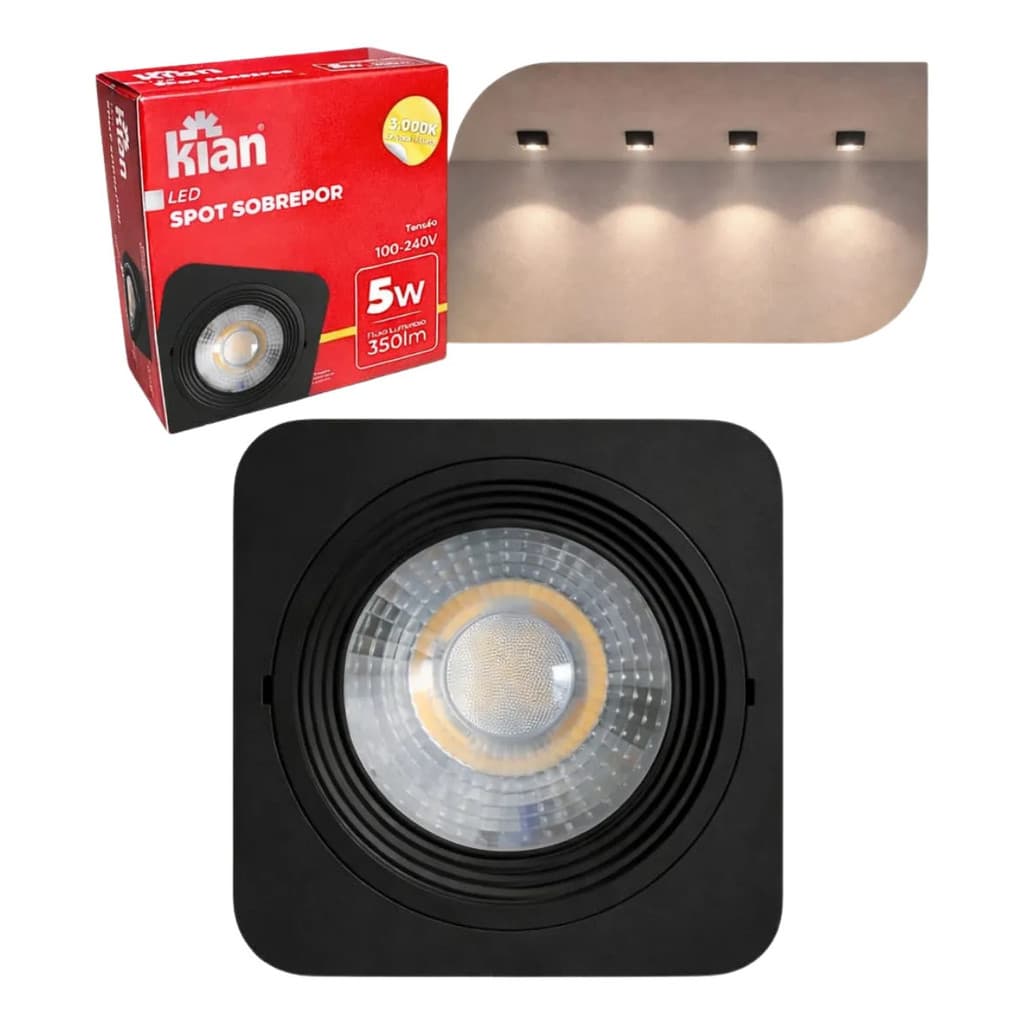 Spot Led Sobrepor Quadrado Preto 5w 3000k Kian Luz Quente