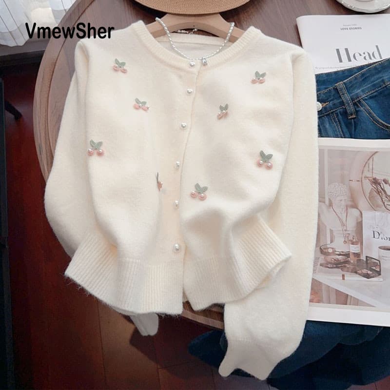 VmewSher Cardigã de Tricô Coreano Simples e Fofo com Estampa de Cereja para Primavera e Outono, Suéter Feminino Doce e M