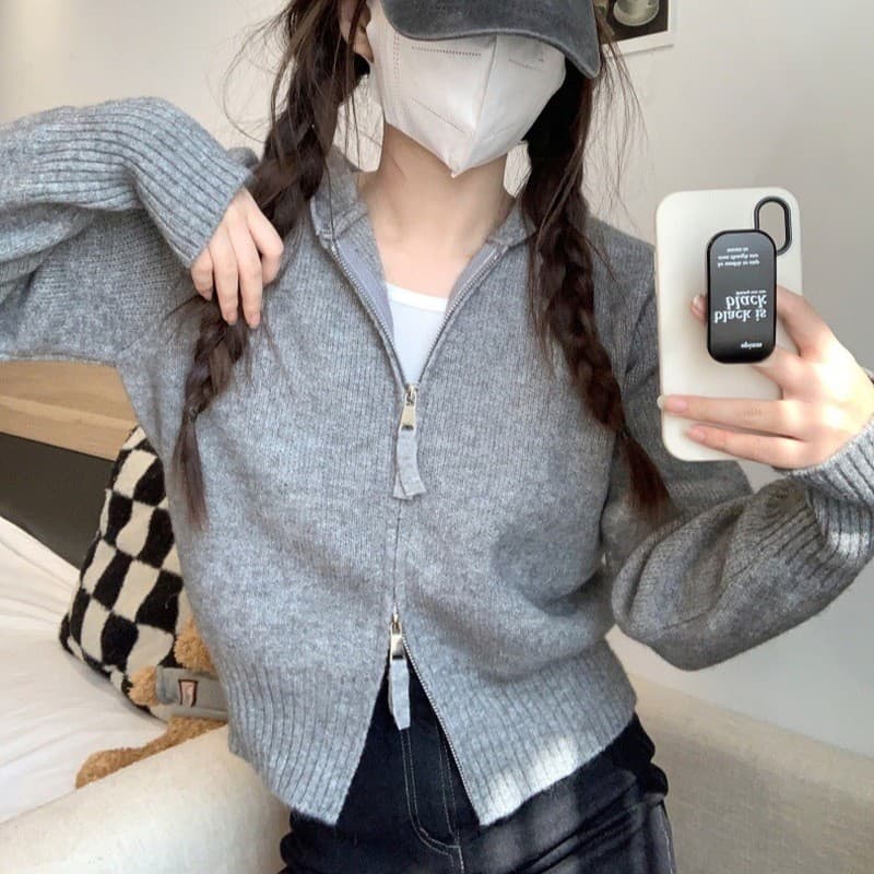 2026 outono inverno novo estilo feminino zíper de malha Cardigan estilo preguiçoso cinza com capuz curto camisola jaquet