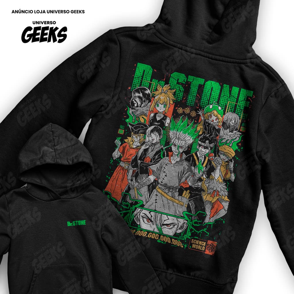 Moletom Dr Stone Senku Ishigami Anime Science World Frente E Verso Blusa De Frio