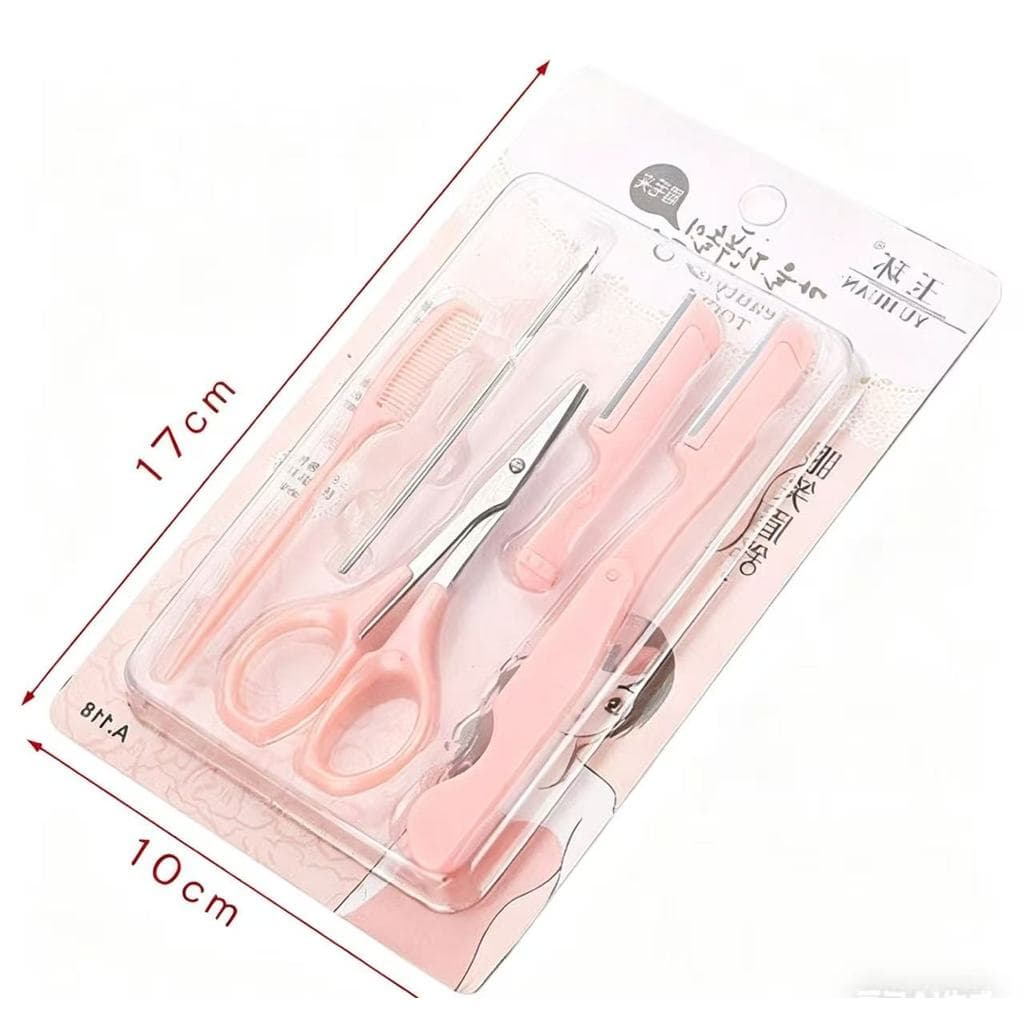 Kit Rosa-5 Peças de Sobrancelhas Profissional Com 2 Navalhas,Espátula De Inox,Tesoura,Pente