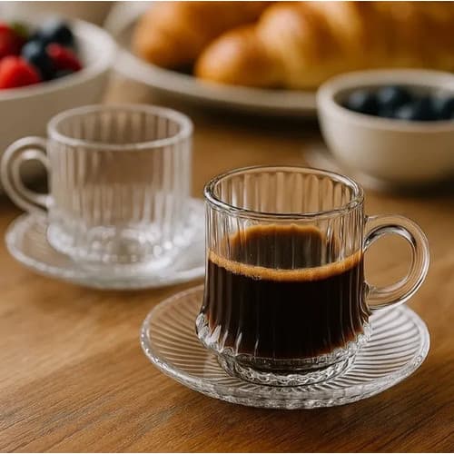 Jogo 6 Xícara De Vidro Com Pires Café Chá 90ml Canelada 6 Peças