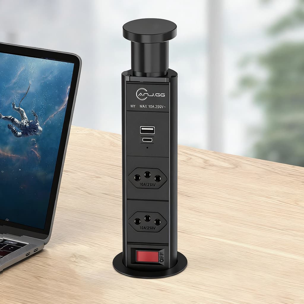 Torre de Tomada Multiplug Embutir Retrátil com USB e Tipo-C 2 3 4 Tomadas 2500W Mesa Bancada