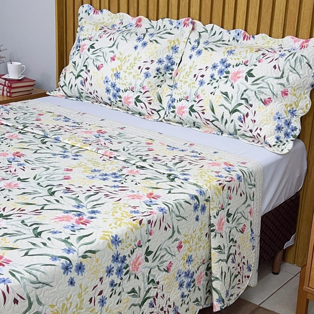 Cobre Leito Casal Estampado Colcha Dupla Face Matelado c/ Porta Travesseiro