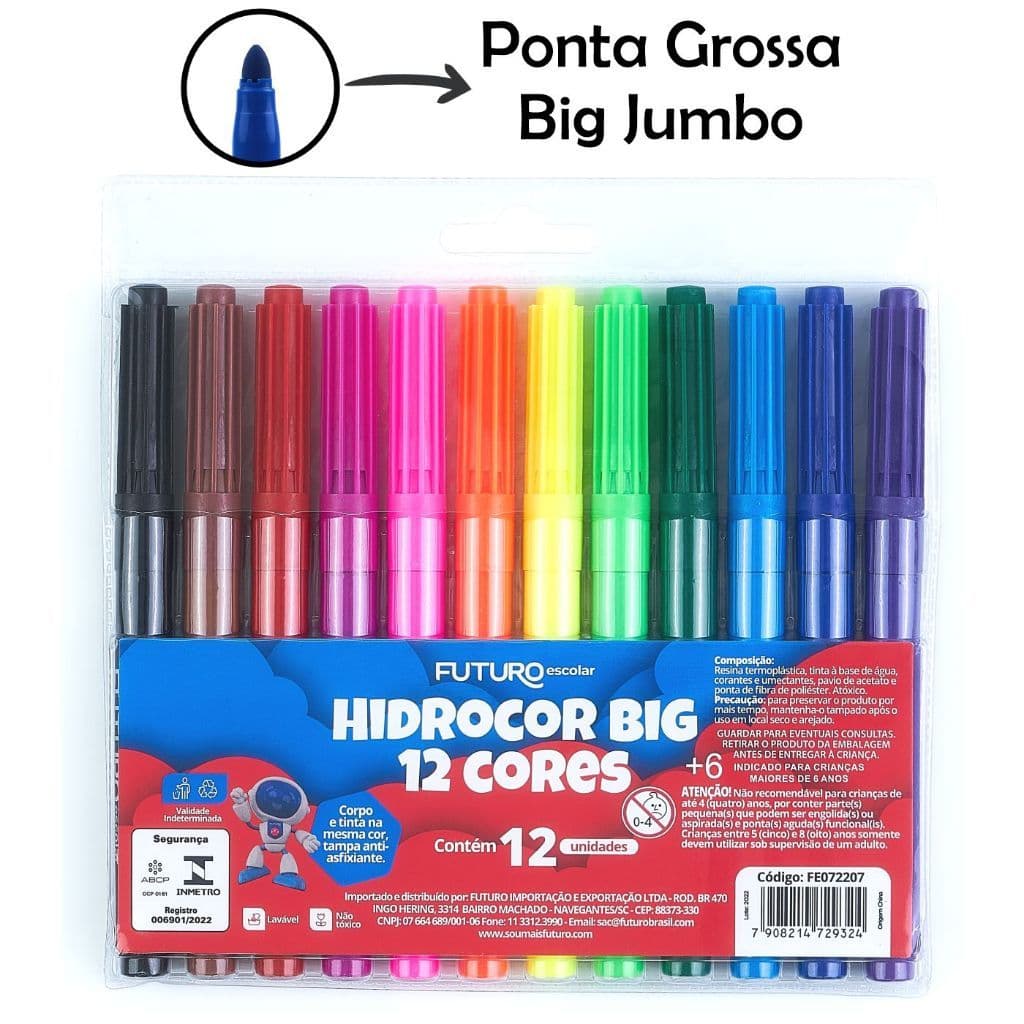 Canetinhas Hidrográficas Big Jumbo 12 Cores Laváveis Ponta Grossa Infantil Escolar Futuro