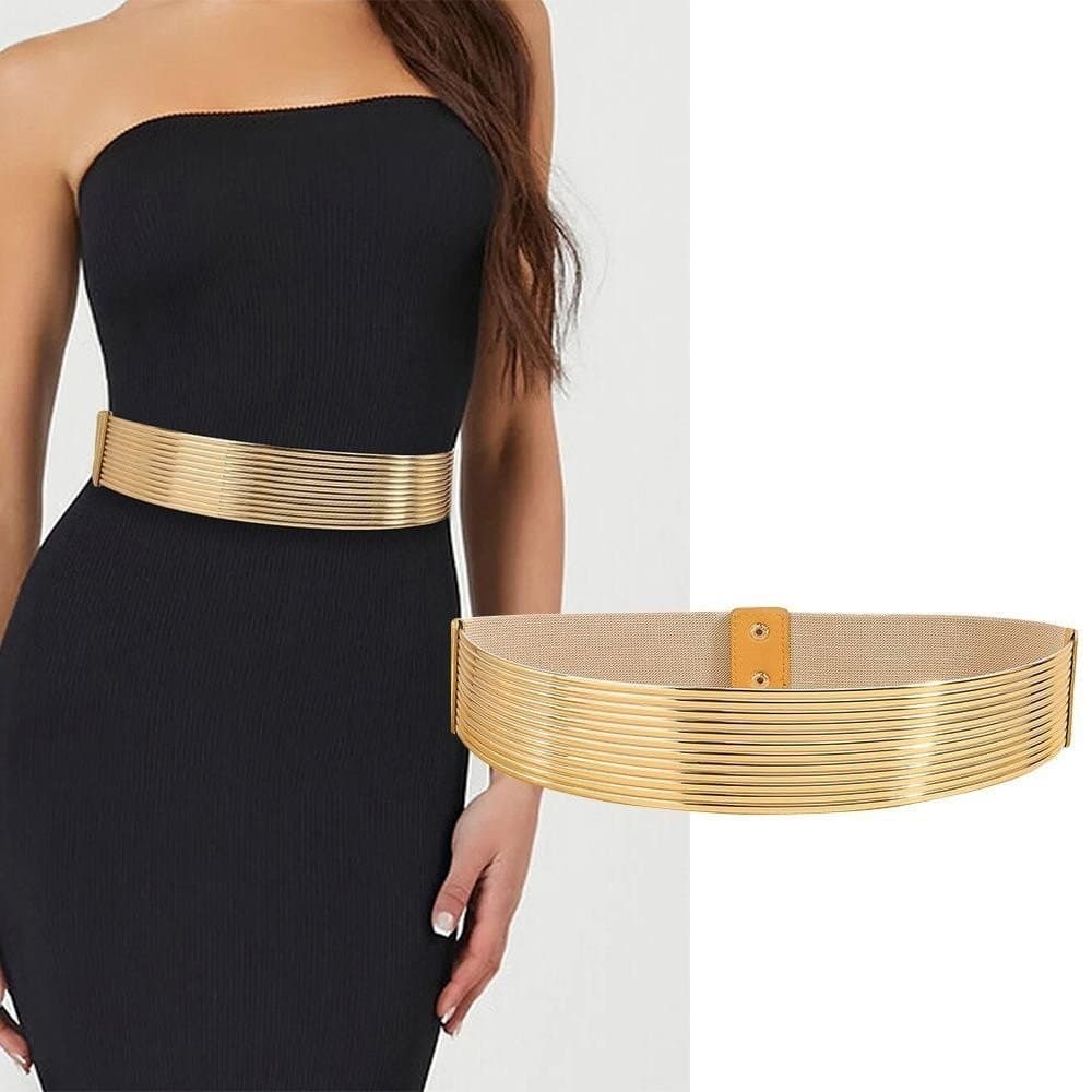 Cinto Dourado Moderno Brilhante com Cintura Apertada e Elástico Longo para Mulheres