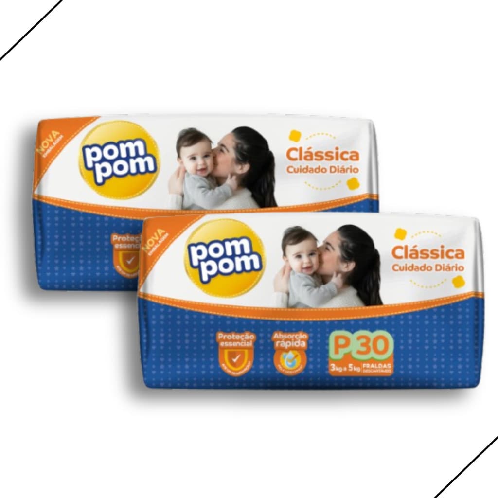 Kit 2 Fralda Descartável Pom Pom Clássica Tamanho P Pacote Jumbo - Total 60 Unidades