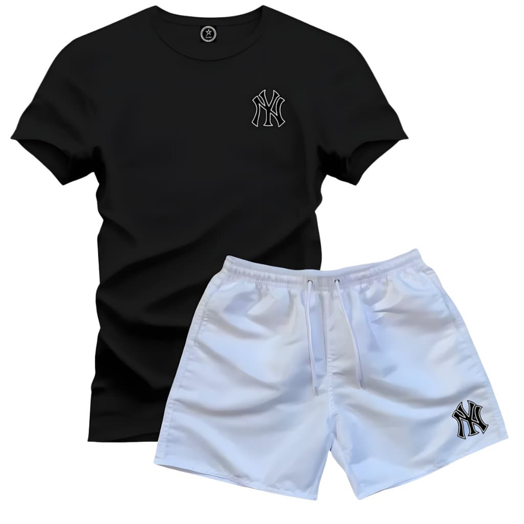 Conjunto Kit Camiseta 100% Algodão Varias Cores + Short Tactel Branco P ao GG
