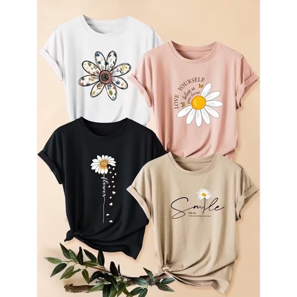 Kit 4 Camisetas Femininas Minimalistas Estampa Flores Camisa 100% Algodão