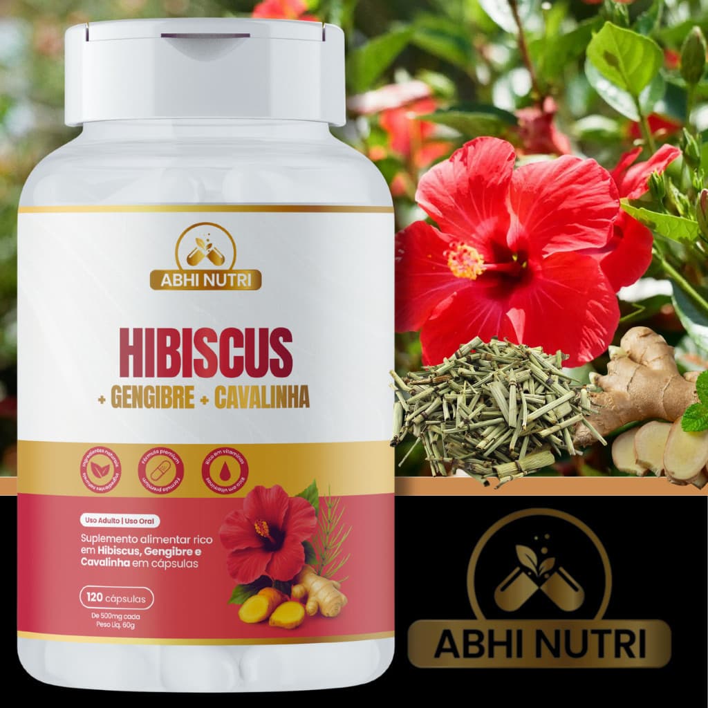 Hibiscus + Gengibre + Cavalinha -120 Cápsulas de 500 mg - Kits Com 1, 2 e 3 Frascos. ABHI Nutri
