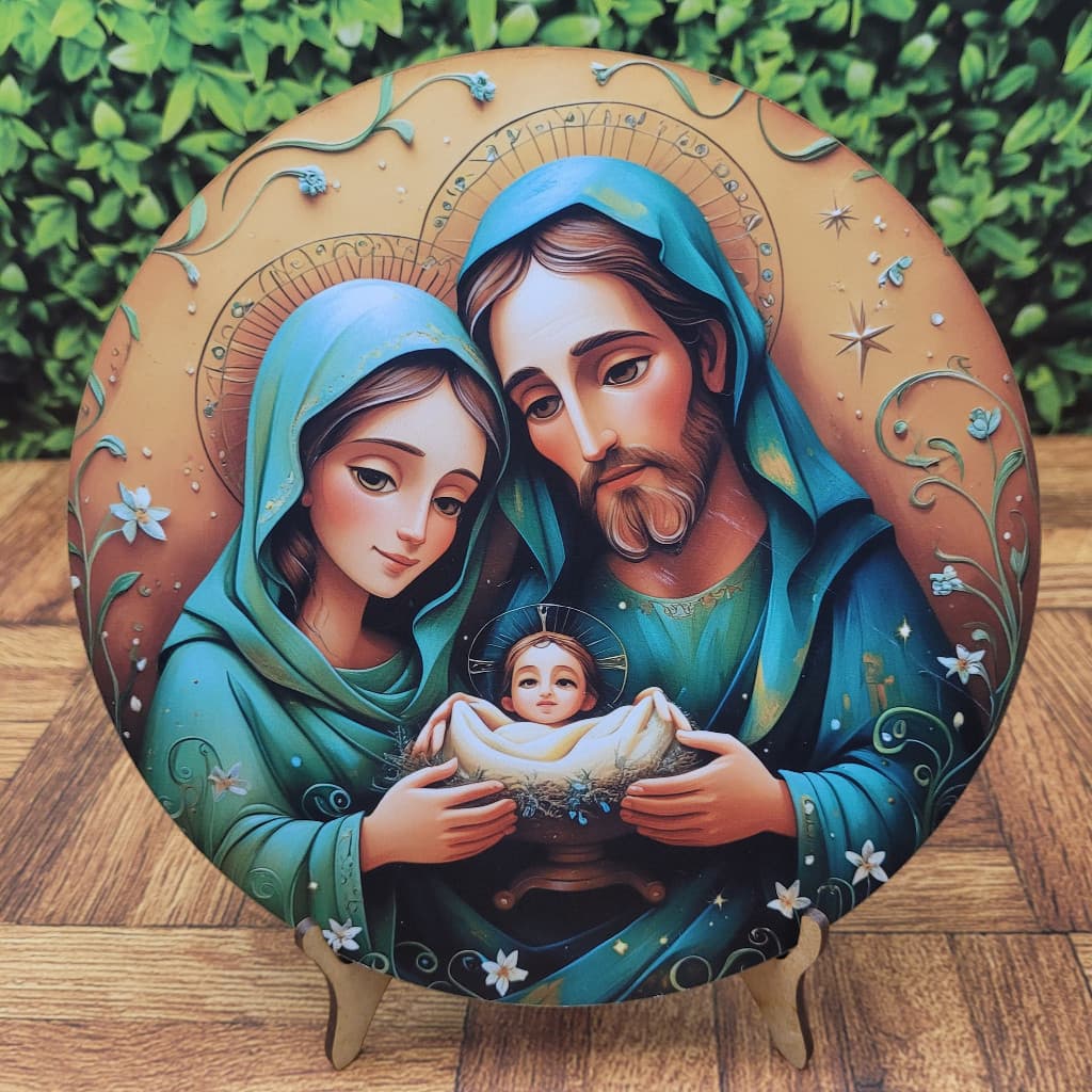 Quadrinho, placa decorativo redonda Sagrada Familia  MDF com suporte para prateleira 20cm