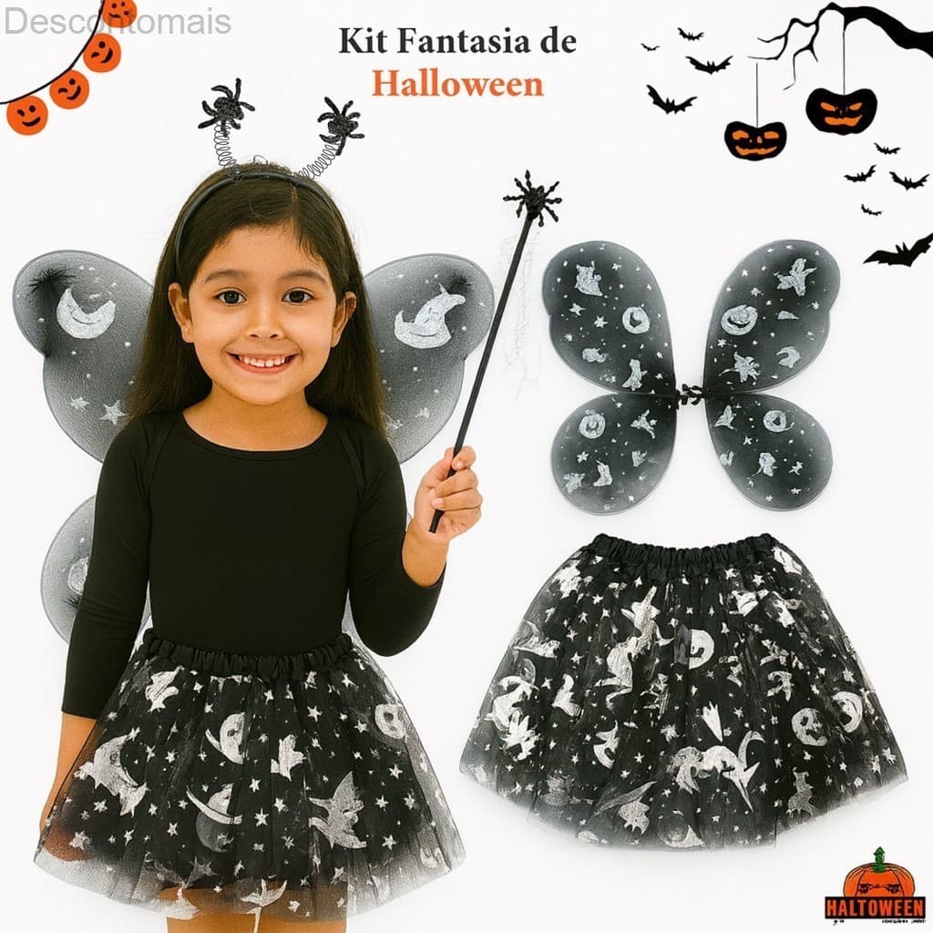 (V)Fantasia Infantil Halloween Bruxinha com Asas, Varinha e Saia 30cm – Kit Prata/DouradoBI6I