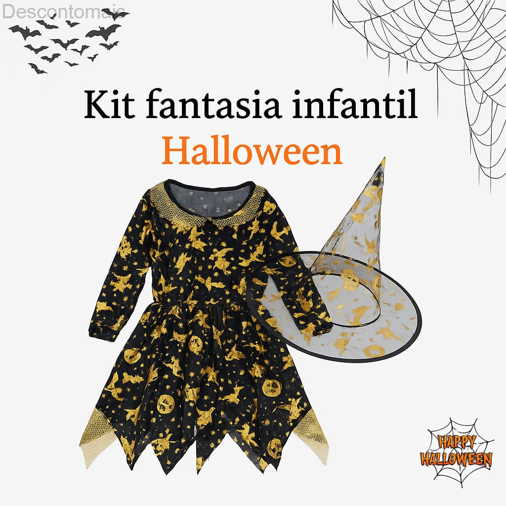 (V)Kit Fantasia Infantil Halloween Dourado – Vestido com Chapéu 🎃✨  Descrição:BAKL