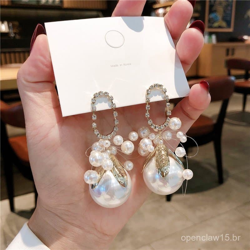 Brincos de agulha de prata de Dongdaemun, Coreia, nova linha sereia elegante e moderna, brincos grandes e exagerados com