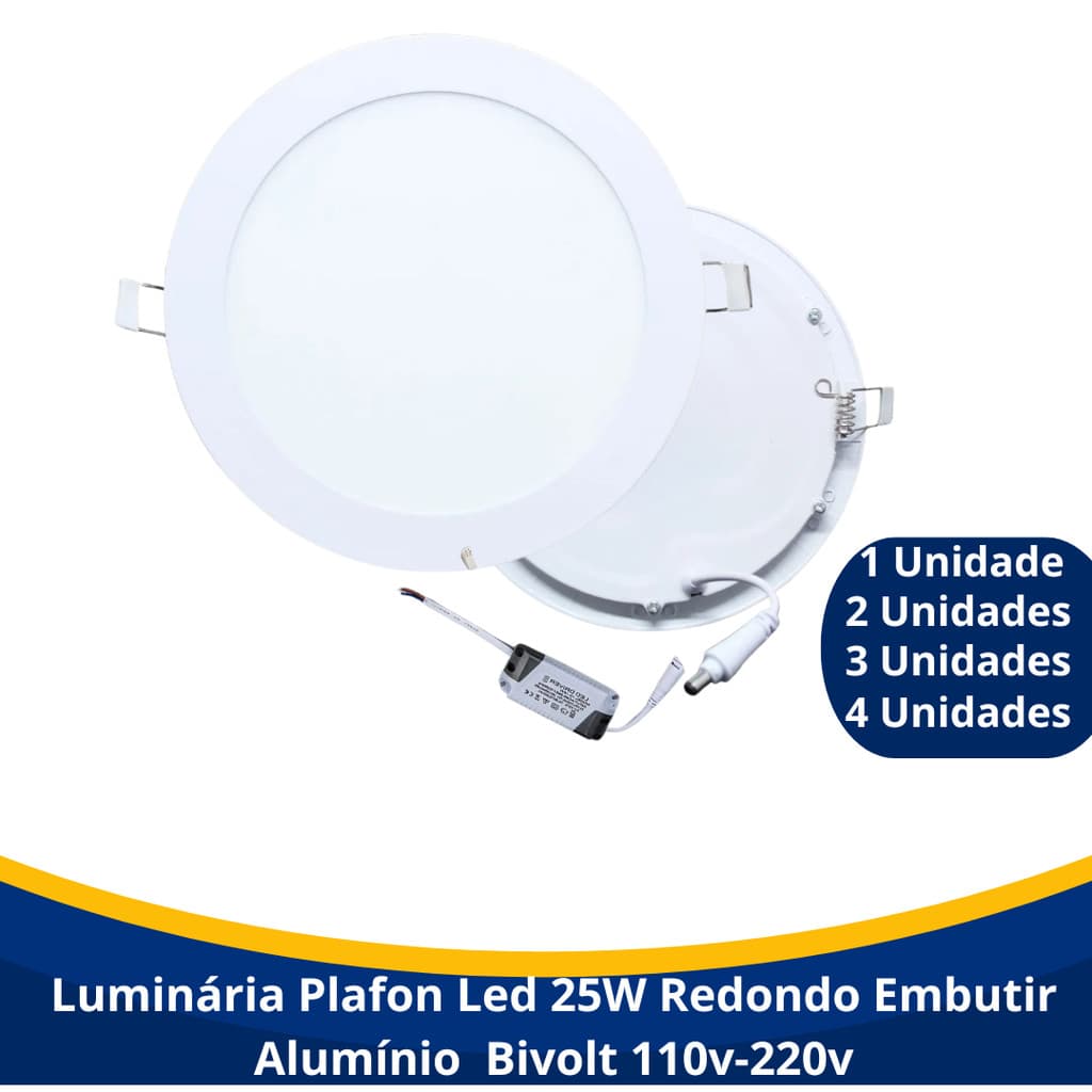 Plafon Led 25W Redondo Embutir Alumínio 29x29cm Frio 6500k ou Quente 3500k Bivolt 110v-220v