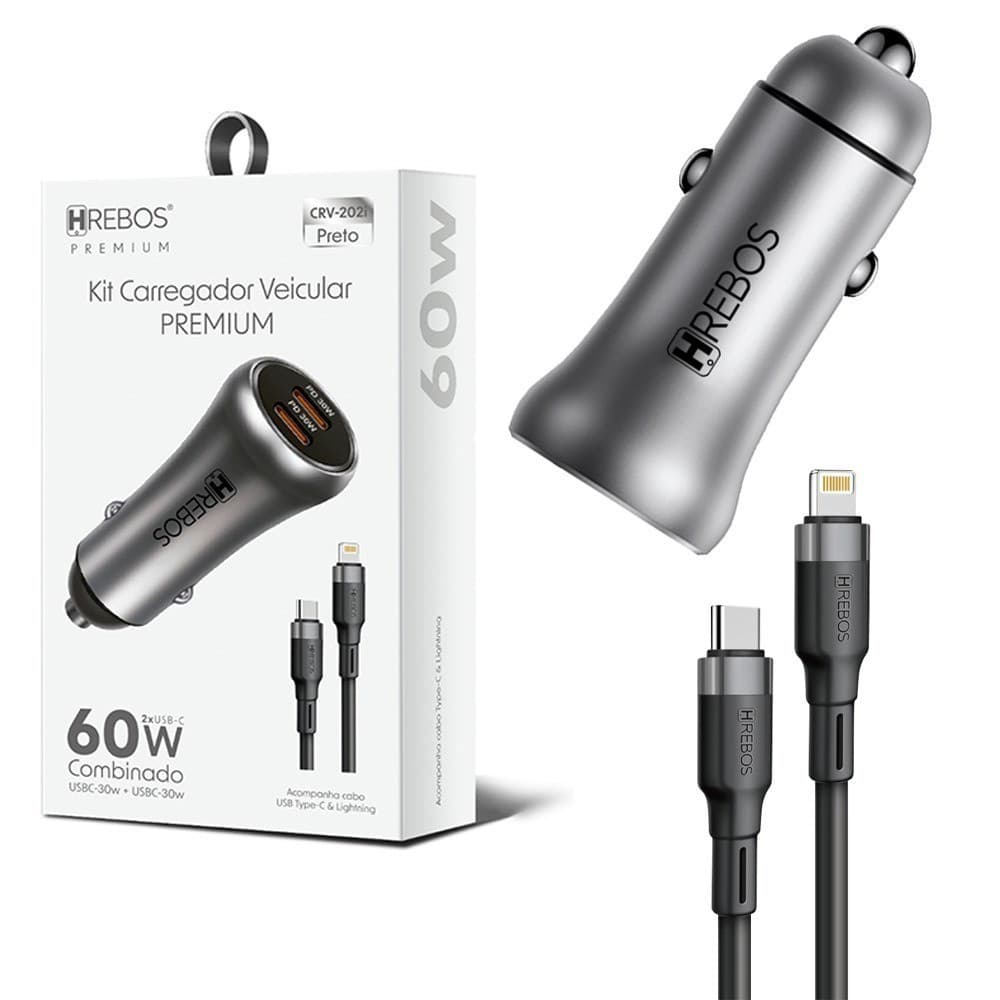 Carregador Veicular Hrebos CRV-202 60W + Cabo Tipo-C para Lightning | Carregamento Rápido para iPhone