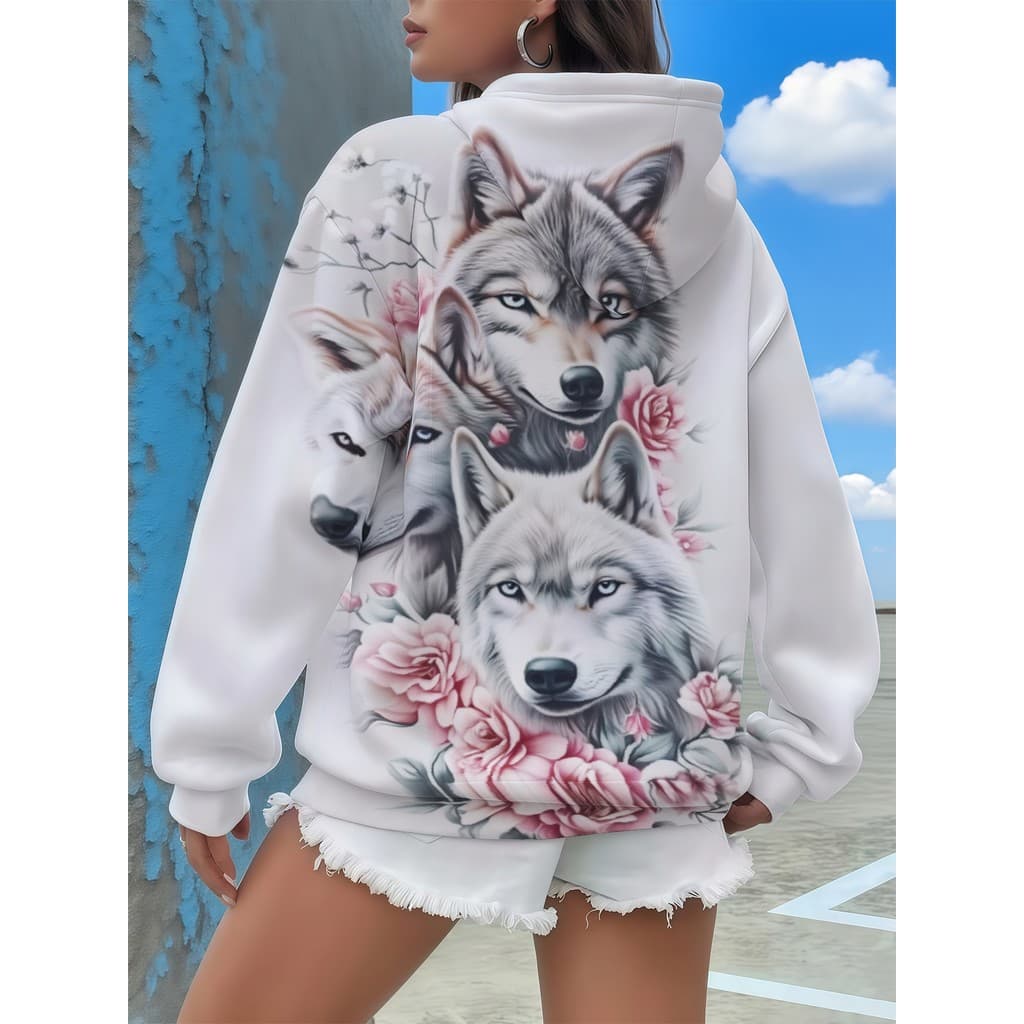 Moletom feminino com capuz 3D de tamanho grande, moletom com estampa de lobo e Floral, Design brilhante com padrão 3D, p