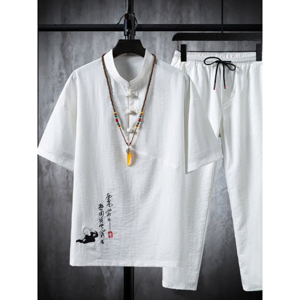 Fivela branca bordada camiseta masculina verão estilo chinês linho terno de manga curta bordado algodão linho Tang terno