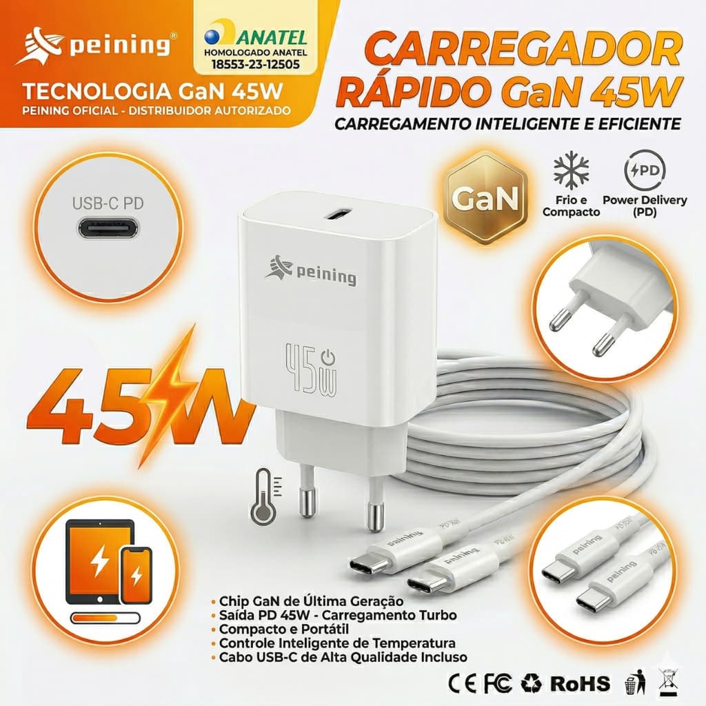 Carregador Turbo 45W Original Peining Com Cabo USB-C Power Delivery Gan Original