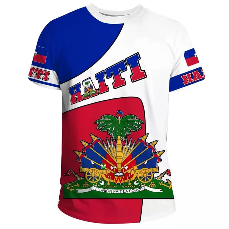 Impressão 3D Haiti Emblema Padrão T Camisa Para Homens Ilha Do Caribete Bandeira Haitiana Camisetas Casuais O-Pescoço Ma