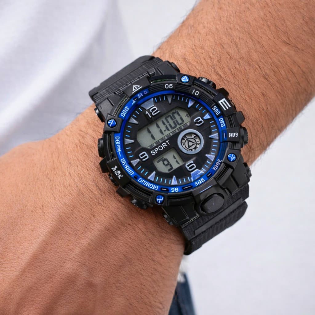Relógio Digital Esportivo Azul com Luz Cronometro Alarme e Calendário Original Masculino
