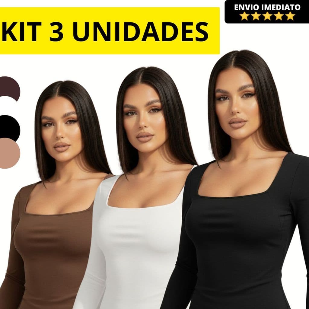 Kit 3 Blusa Feminina Manga Longa Decote Quadrado de Suplex Básica Premium