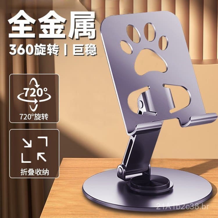 Suporte de celular em formato de pata de gato, todo em metal, giratório e dobrável para mesa, suporte portátil de metal,