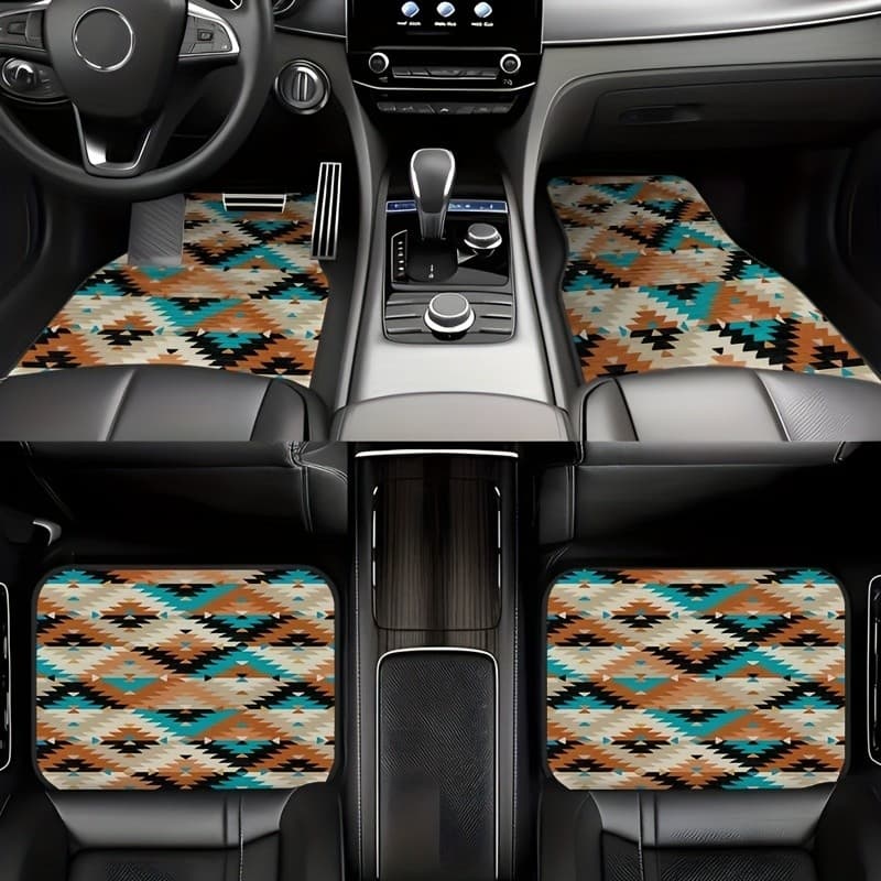 4 Peças De Tapetes De Carro Com Padrão De Estilo Étnico Boêmio , Tapete Antiderrapante Universal , Acessórios Internos F