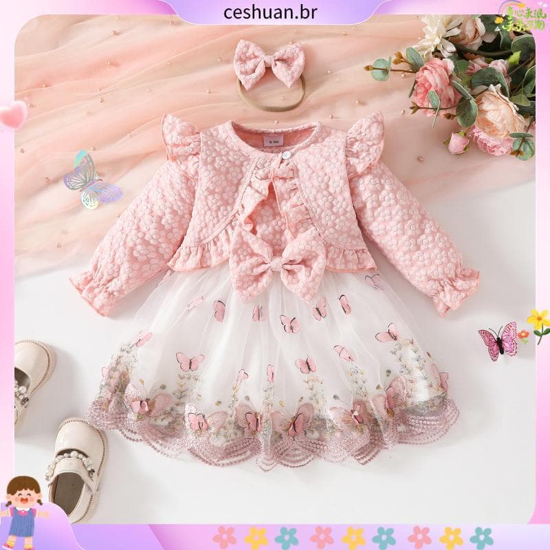 Conjunto De Outono Para Bebês Meninas Com Estampa De Borboleta , Malha , Gola Redonda , Sem Mangas , Vestido Regata + Ca