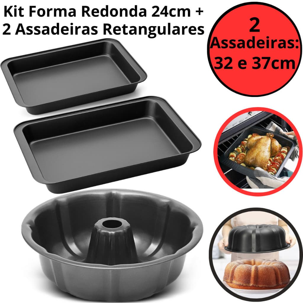 Kit 2 Formas Assadeira Antiaderente 32 e 37cm + Forma Bolo Furo Central 24cm Aço Carbono Teflon