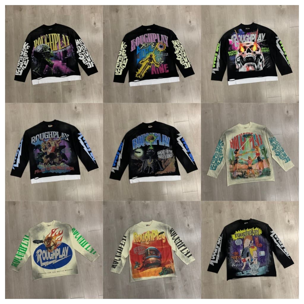 RoughPlay manga comprida Cross-Border estampa completa Graffiti estampa lavagem pesada diamantes desgastados camiseta es