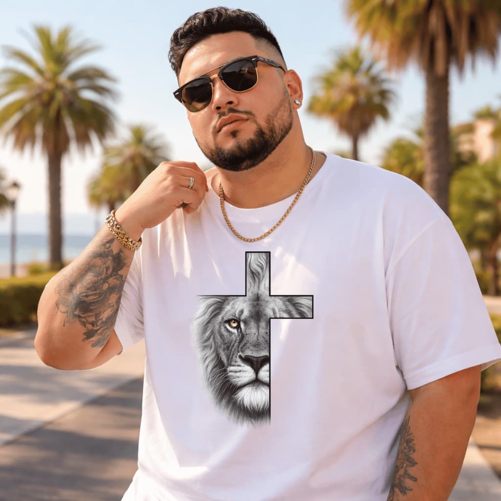 Camiseta Plus Size Masculina Estampada Leão Cruz 100% Premium Manga Curta Casual Blusa Academia Camis