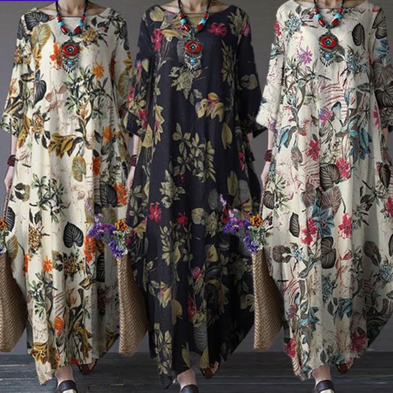 Vestido feminino de linho de algodão estilo chinês literário retrô solto gola redonda meia manga bolso vestido de compri