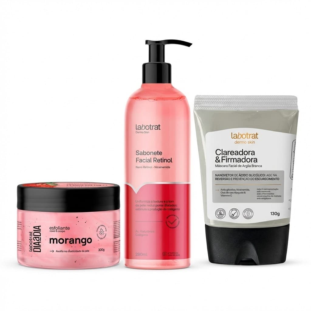 Kit Renovação Celular e Firmeza: Esfoliante Corporal Morango, Máscara Facial e Sabonete Retinol