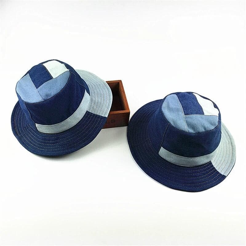 Chapéu Bucket de Denim Lavado com Patchwork, Chapéus de Verão para Proteção Solar ao Ar Livre, Chapéus Panamá de Aba Lar