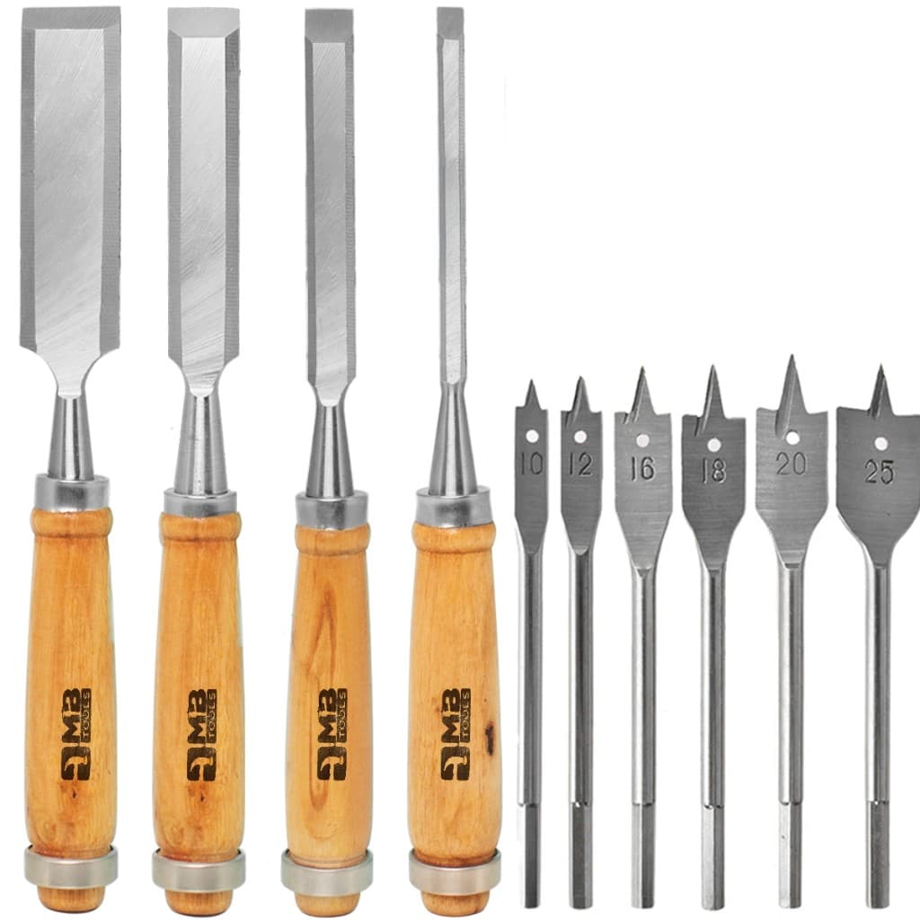 Kit jogo Formão e Jogo de Brocas Chatas P/Madeira Marceneiro Formão + 6 Brocas Chata