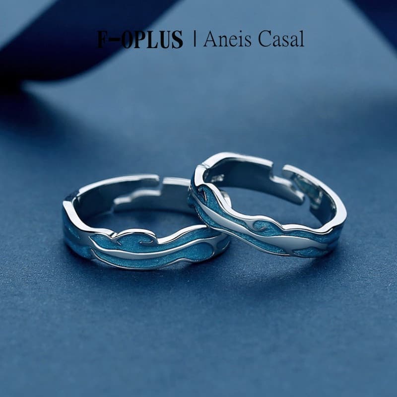 F-OPLUS | Aliança de Onda Azul Ajustável Par de Anel Aliança de Namoro Compromisso com Caixa CRC091