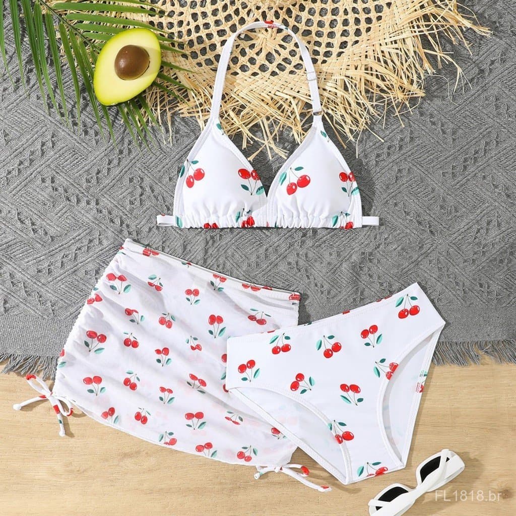 Novo Conjunto de Biquíni Infantil para Meninas, Conjunto de Três Peças com Almofada para o Peito para Crianças Mais Velh