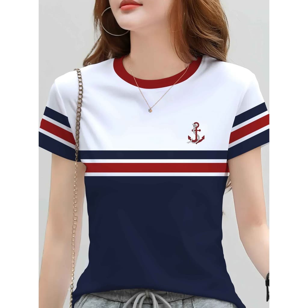 Camiseta Feminina Listrada Azul Marinho Com Estampa Âncora | Gola Redonda Casual , Tecido Leve E Elástico , Ideal Para T
