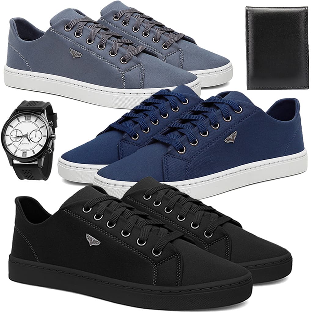 Kit 3 Sapatênis Masculino Casual Confortável Antiderrapante Básico com Relógio e Carteira